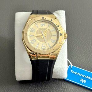 TechnoMarine Lusso Mare Gold Tone Watch Black Silicone Strap NWT